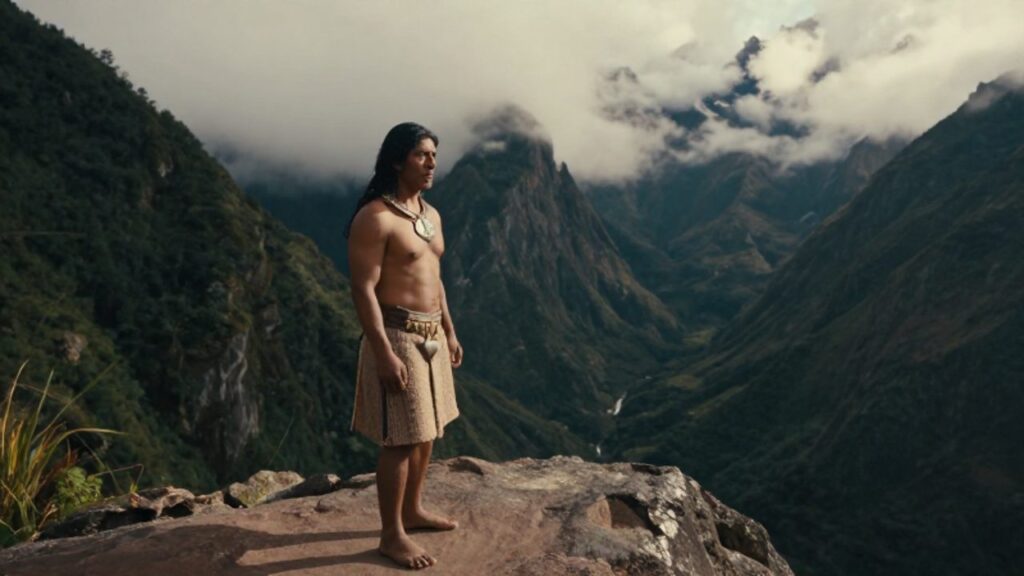 Un líder guerrero inca observa con determinación un valle nublado desde un risco en la región de Vilcabamba.
