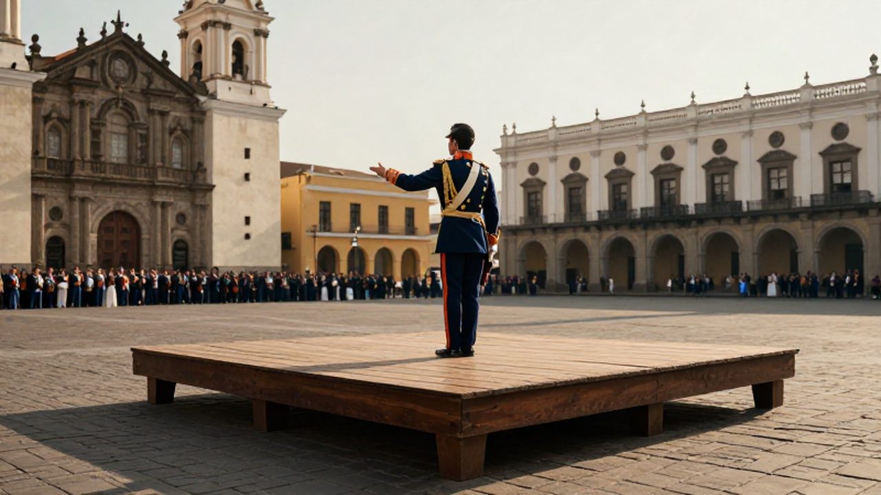 Líder militar con uniforme de época sobre un estrado de madera en la Plaza Mayor de Lima, frente a la arquitectura colonial de la catedral y el palacio de gobierno.