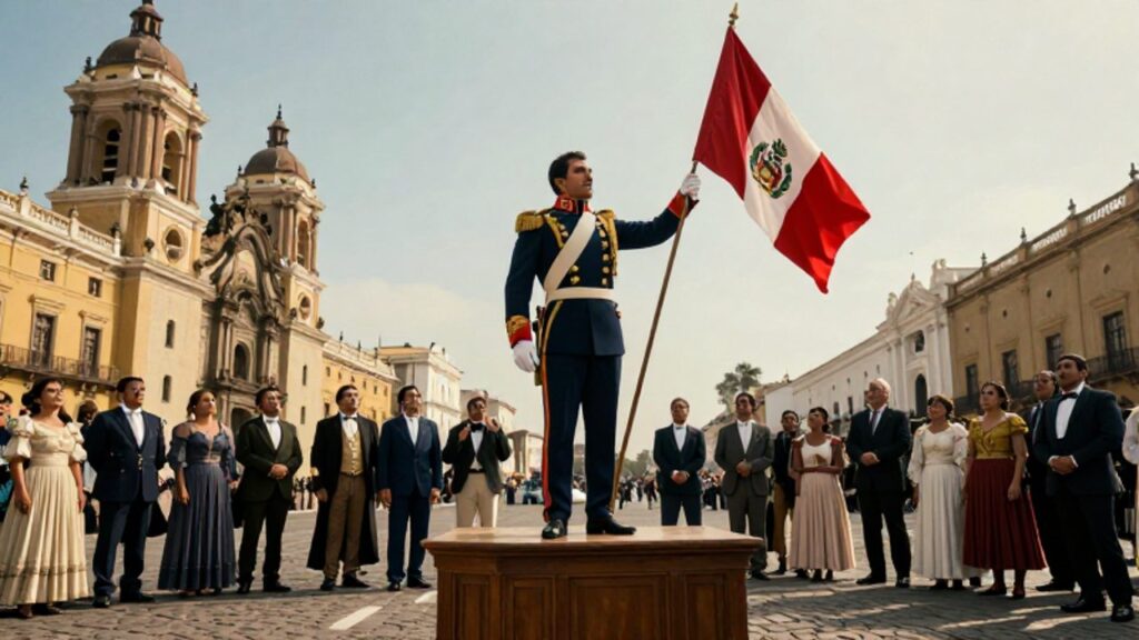 El general José de San Martín sostiene la bandera peruana en un estrado frente a una multitud en la Plaza Mayor de Lima durante la proclamación de la independencia.