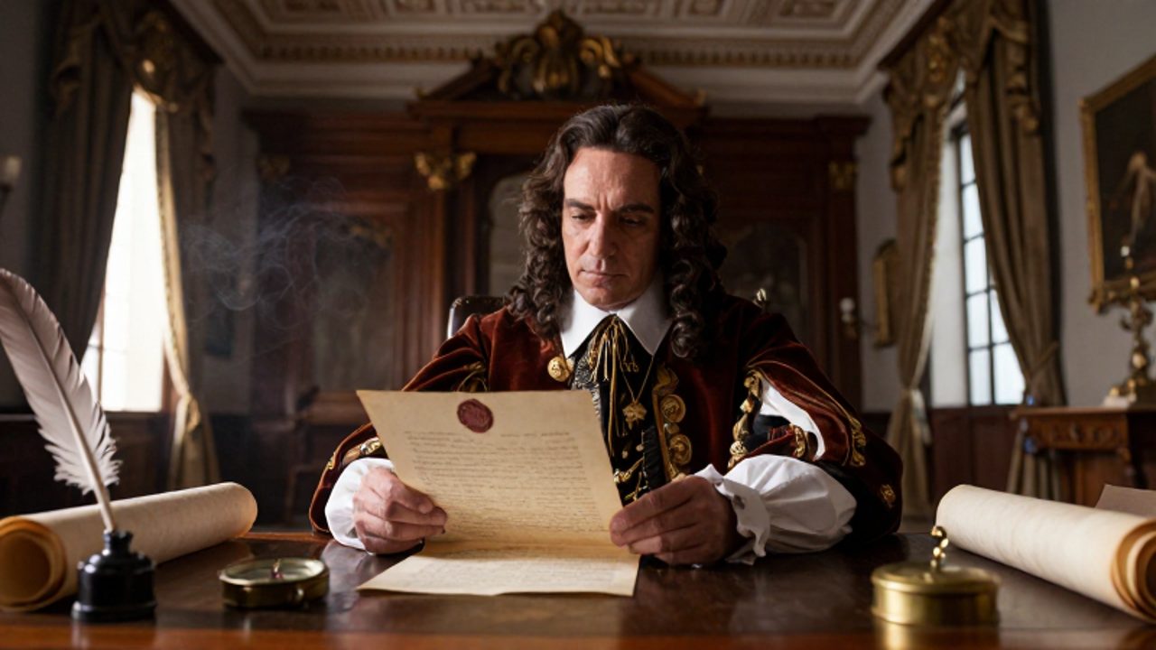 Un virrey español vestido con atuendo oficial revisa un documento con sello de lacre en un despacho colonial de Lima.