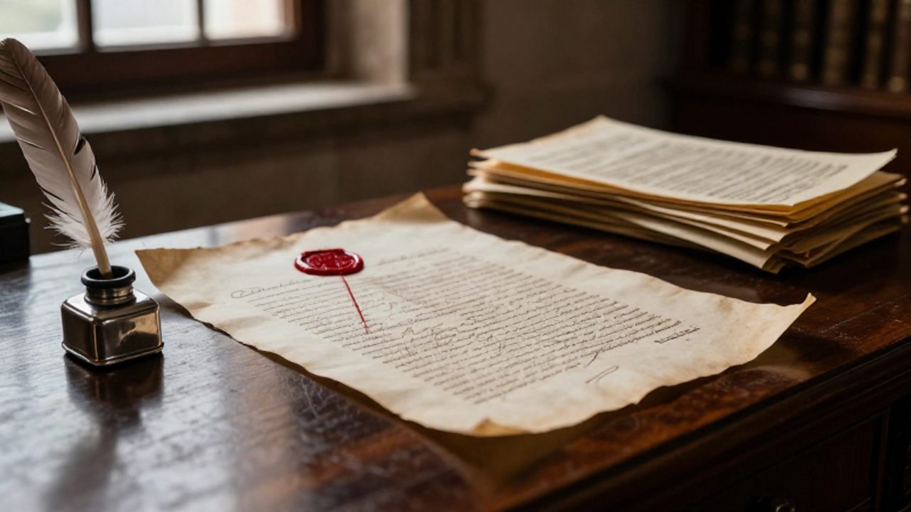 Documento de pergamino con un sello de lacre rojo sobre un escritorio de madera con una pluma y libros de impuestos en una oficina colonial.