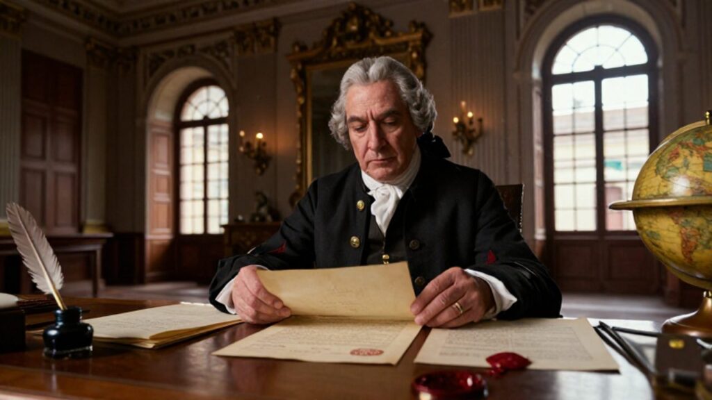 Un virrey español de edad avanzada revisa documentos oficiales y decretos reales sobre un escritorio de madera en una oficina colonial de Lima.