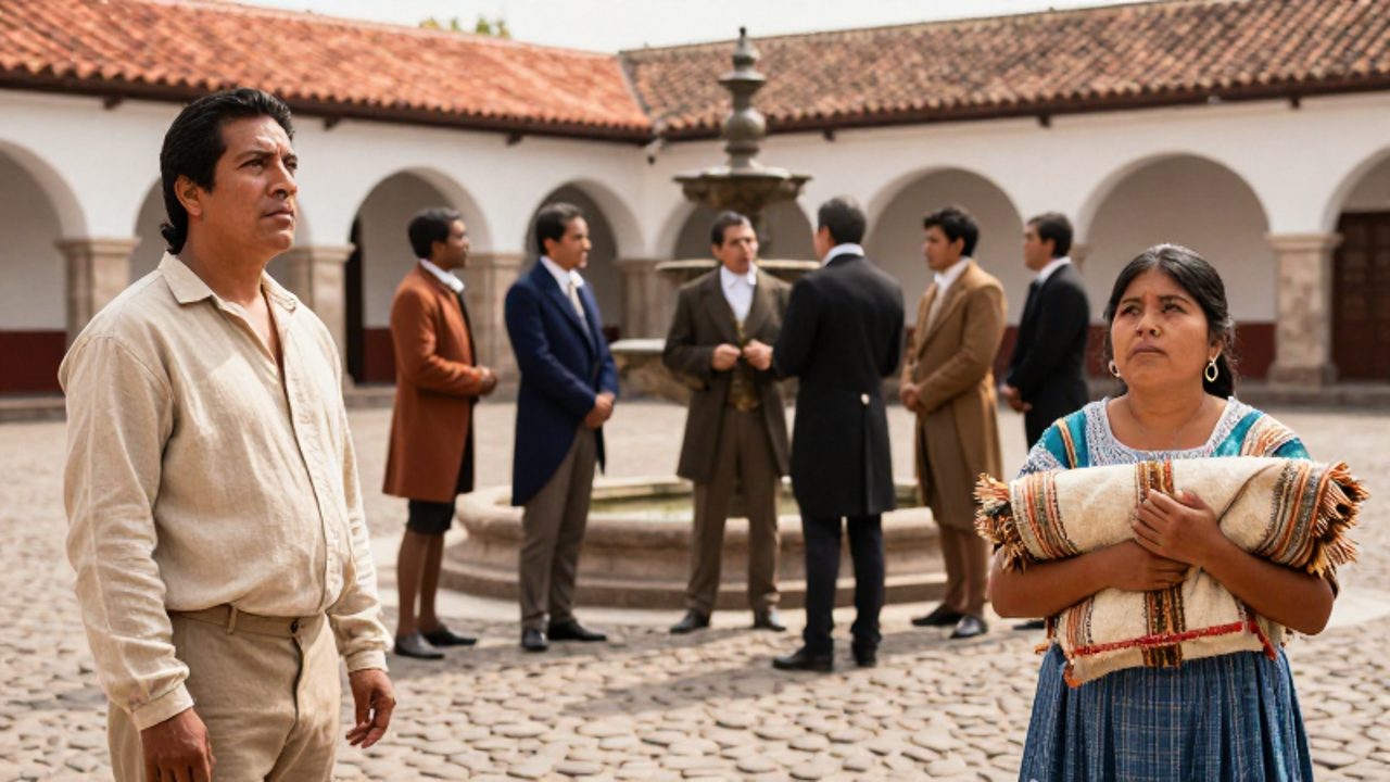 Grupo diverso de mestizos e indígenas con expresiones de incertidumbre observa una plaza colonial en Lima, mientras hombres criollos discuten política al fondo.