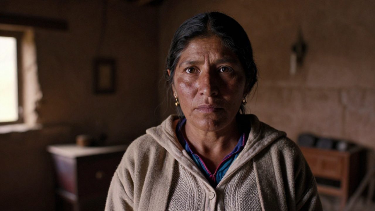 Retrato de una mujer peruana de mirada firme y expresión serena que representa a María Parado de Bellido en una estancia colonial de paredes de piedra.