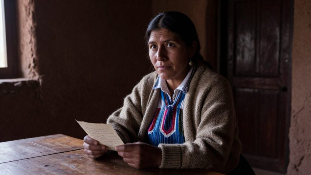 María Parado de Bellido, una mujer de expresión decidida, sentada en una habitación colonial junto a una mesa con un pequeño pergamino manuscrito.