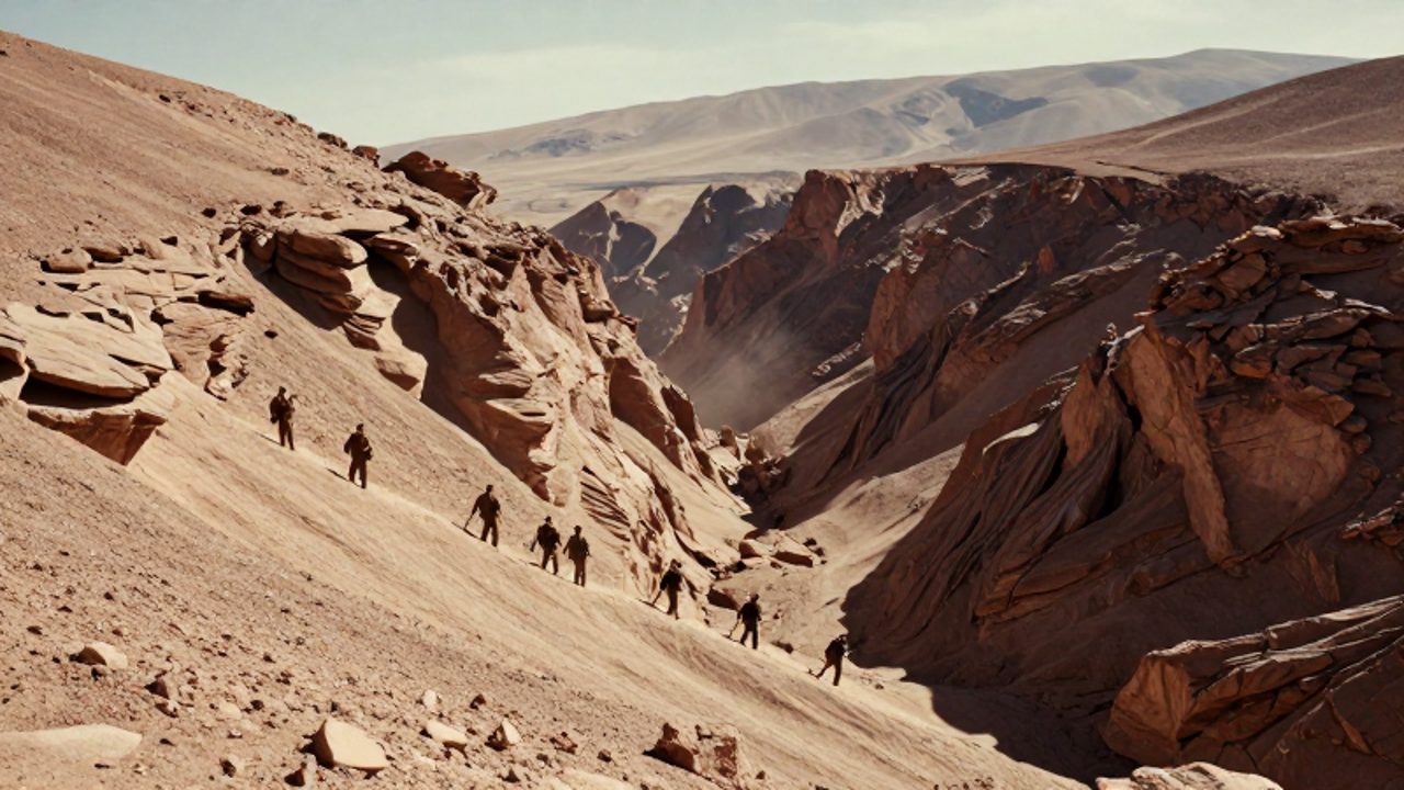 Soldados con uniformes del siglo XIX atraviesan un terreno escarpado y árido de desfiladeros y rocas en el desierto de Tarapacá bajo un sol intenso.