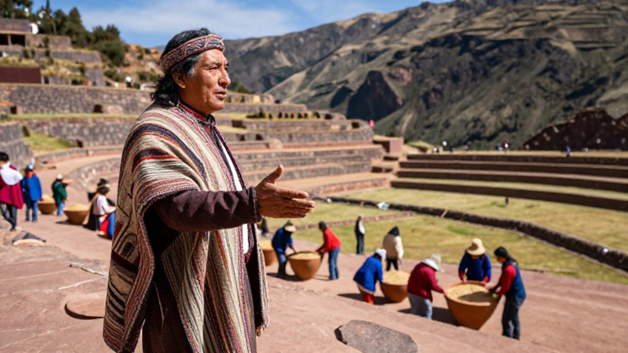 Un curaca inca con vestiduras geométricas supervisa la organización de granos en un valle andino rodeado de terrazas agrícolas de piedra.