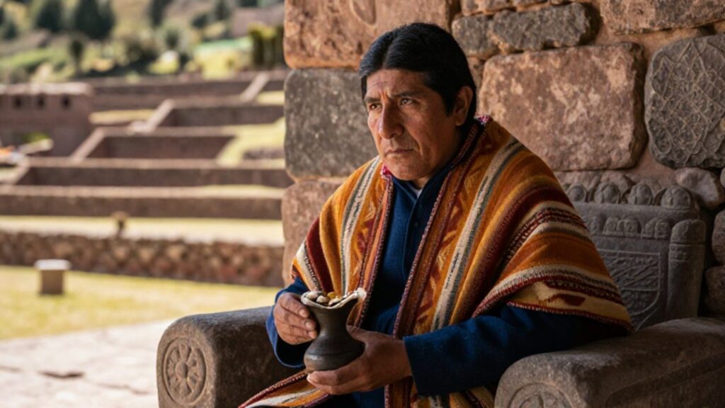 Un curaca andino con vestimentas textiles tradicionales sostiene un objeto ceremonial mientras se sienta en una estructura de piedra con terrazas agrícolas al fondo.