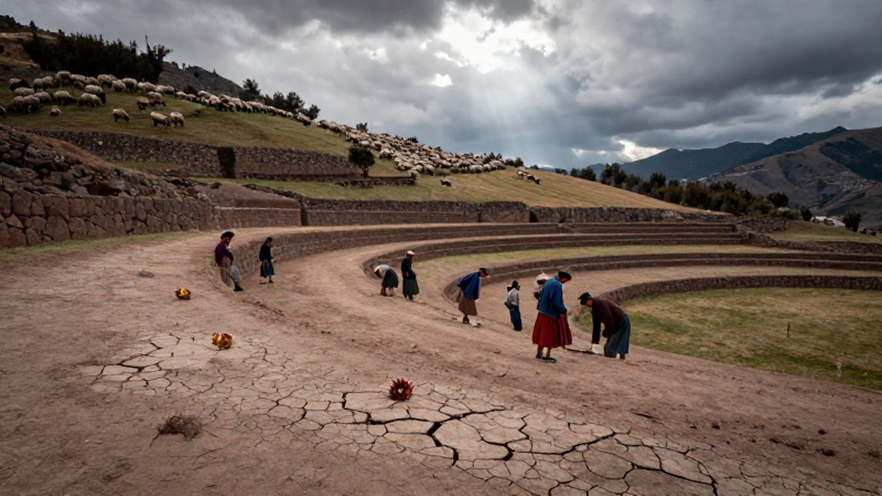 Andenes incas deteriorados con suelo agrietado frente a un grupo de agricultores indígenas y un rebaño de ovejas introducidas en los Andes peruanos.