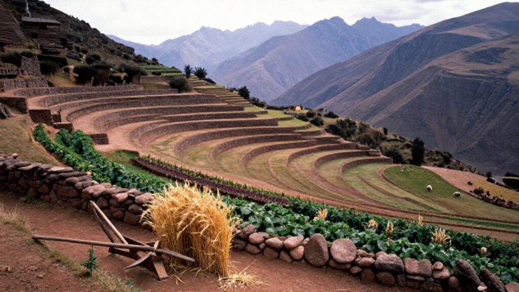 Terrazas andinas de cultivo con productos nativos junto a plantas de trigo y un arado de madera en una montaña de los Andes.