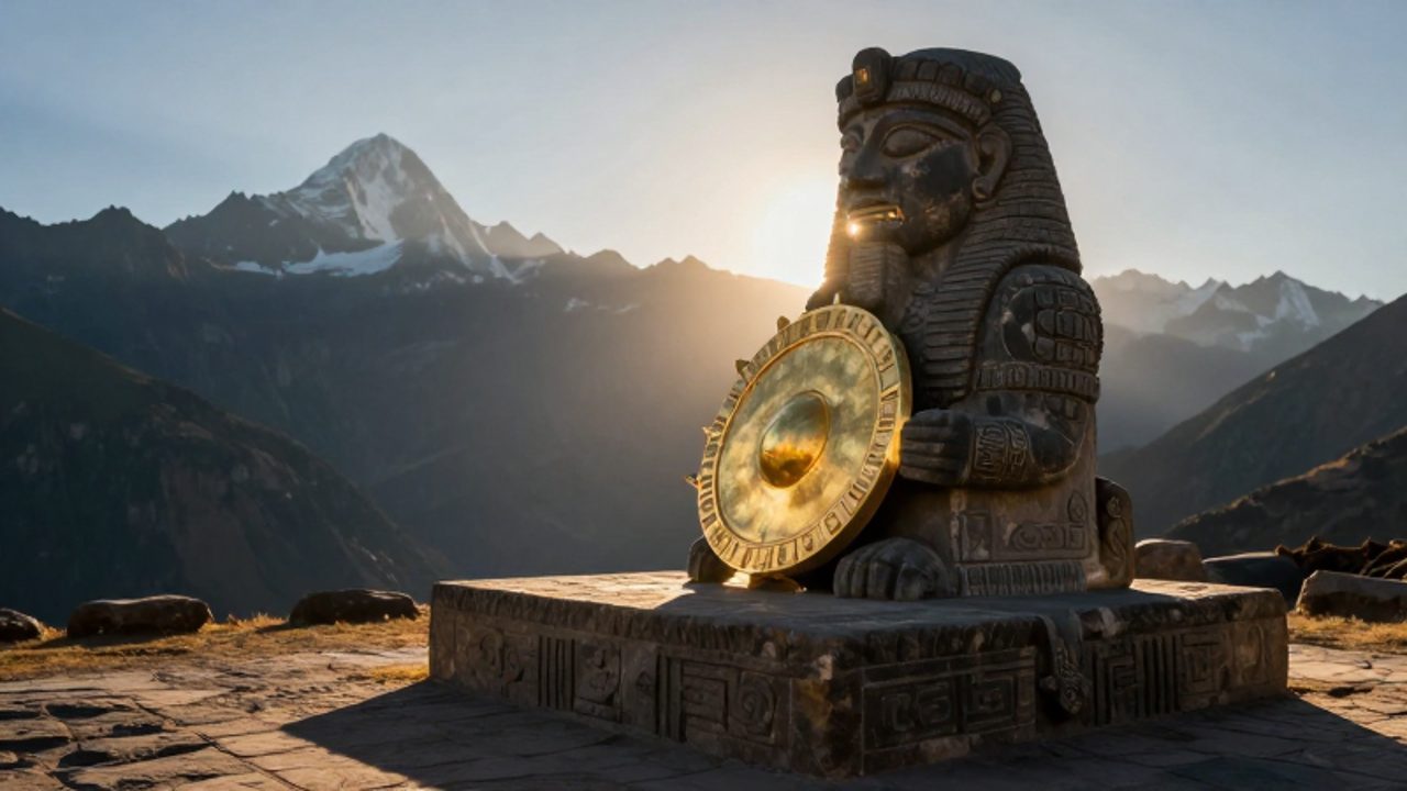 Un disco solar de oro sobre un altar de piedra incaica bajo la luz del amanecer con las montañas de los Andes al fondo.