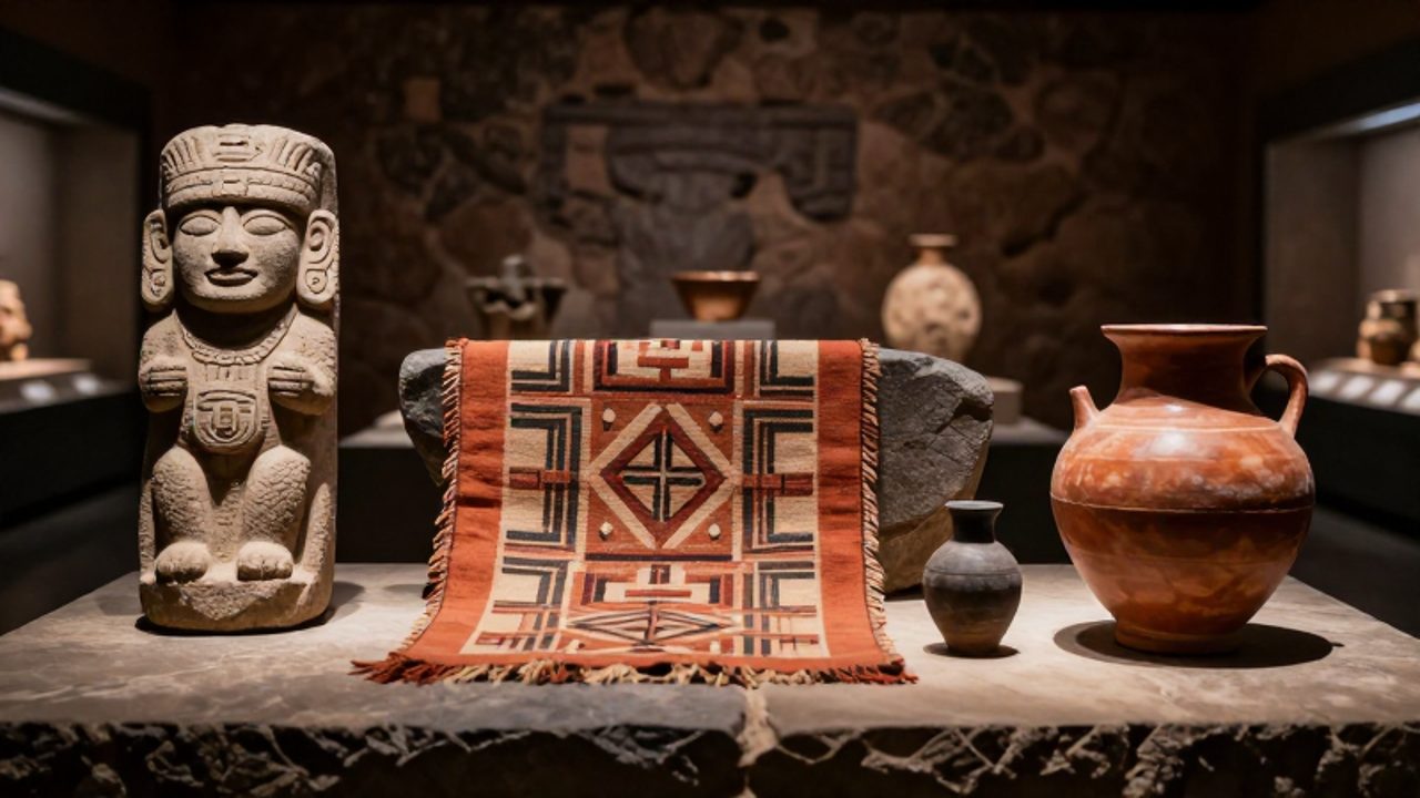 Colección de artefactos andinos que incluye una talla de piedra de una deidad costeña, un textil con patrones geométricos y una vasija de cerámica sobre una superficie de piedra.