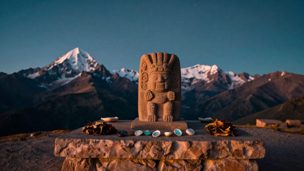 Altar de piedra con tallas de una deidad precolombina y ofrendas rituales frente a las montañas nevadas de los Andes bajo un cielo crepuscular.