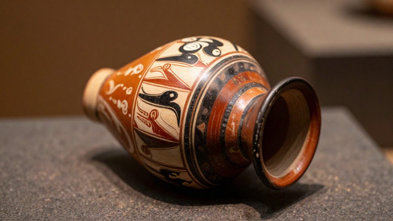 Un recipiente de cerámica Nazca con iconografía pintada a mano en tonos ocre, rojo y blanco sobre una superficie de piedra oscura.