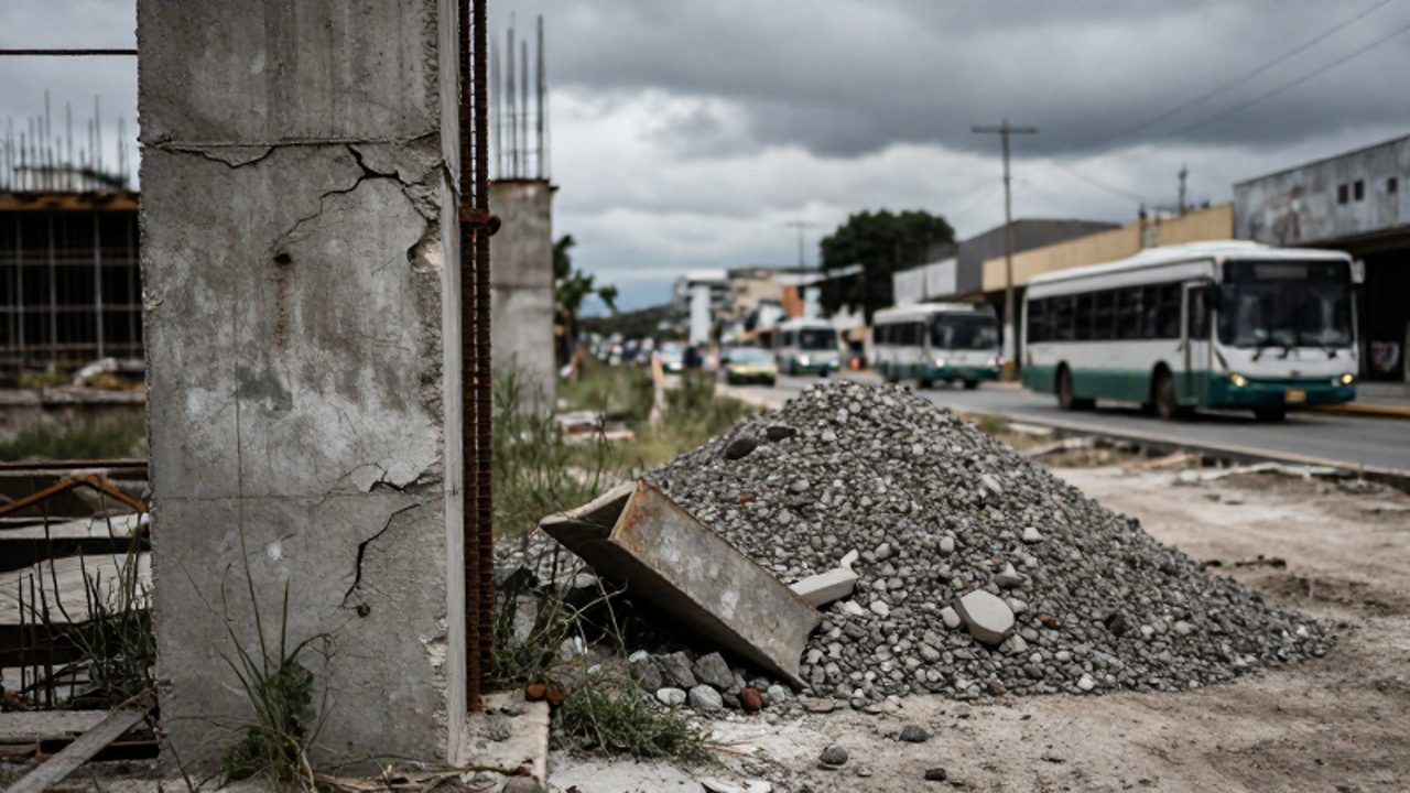 Obra de construcción pública abandonada con estructuras de concreto deterioradas y vegetación creciendo entre los escombros en una zona urbana.