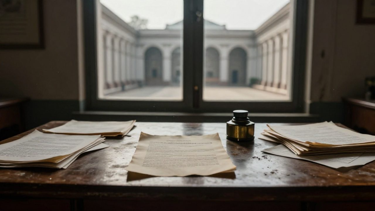 Escritorio de madera con documentos desordenados y un tintero en una oficina gubernamental antigua y vacía, transmitiendo una sensación de parálisis institucional.