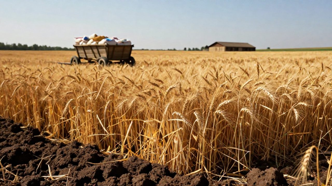 Extenso campo de trigo dorado en Europa durante el siglo XIX con un carro de madera cargado de sacos de fertilizante orgánico.