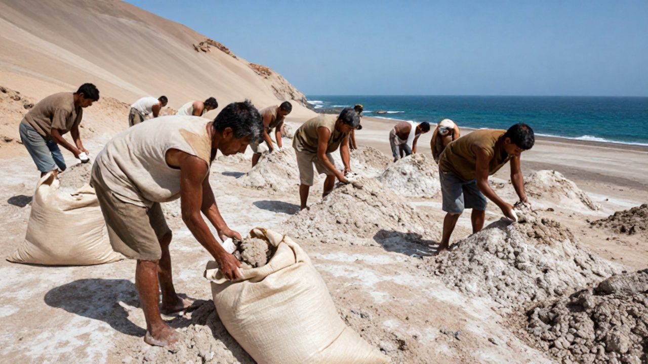 Trabajadores asiáticos con ropas desgastadas de cargan sacos de guano bajo un sol intenso en las islas Chincha.