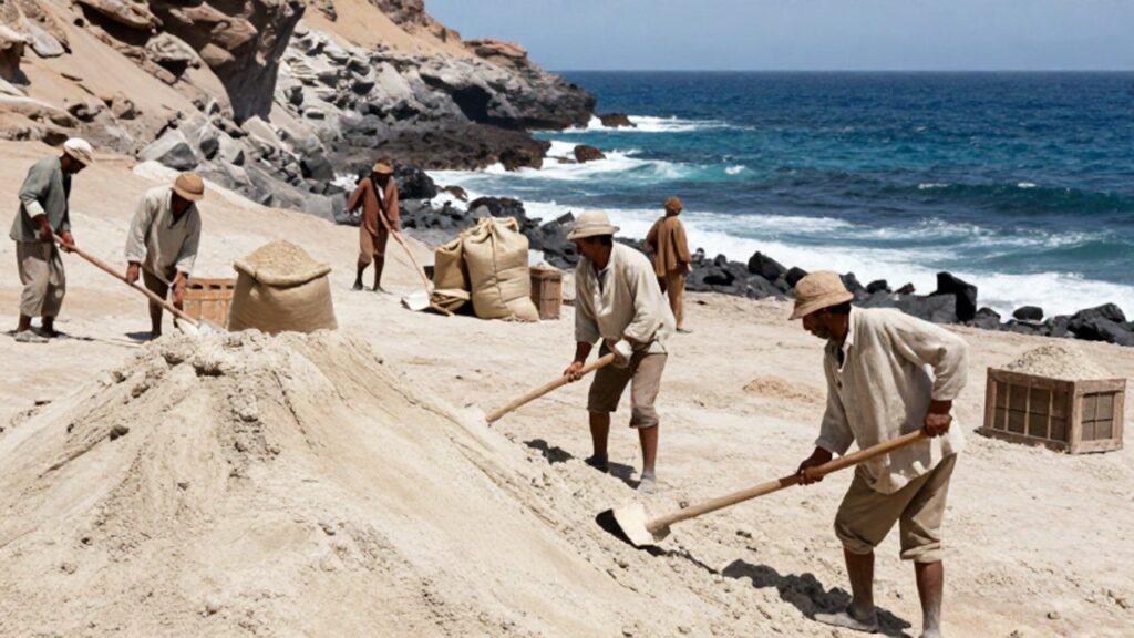 Trabajadores del siglo XIX recolectan grandes montículos de guano con palas en las escarpadas Islas Chincha frente al mar peruano.