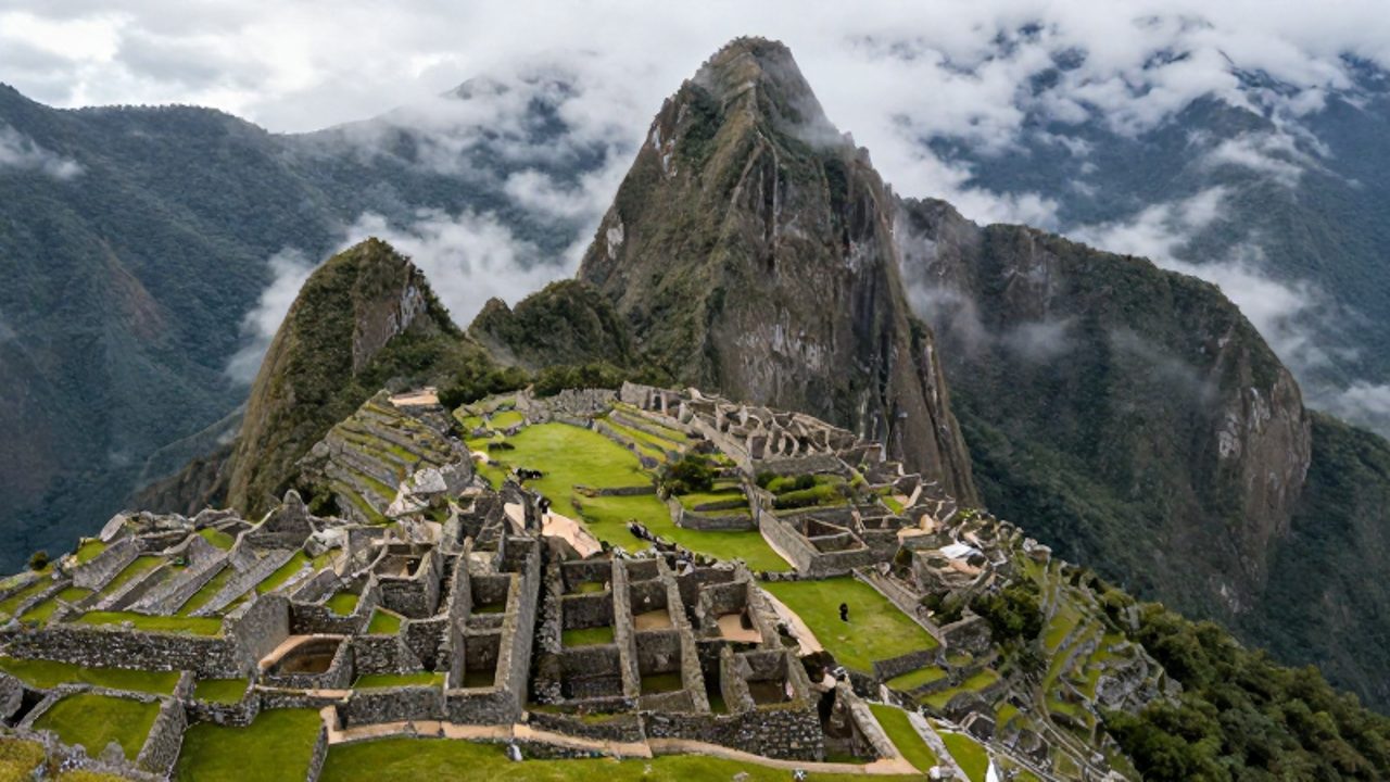 Muros de piedra de la fortaleza de Kuélap rodeados de densa vegetación y neblina en la cima de una montaña en la región de Amazonas.