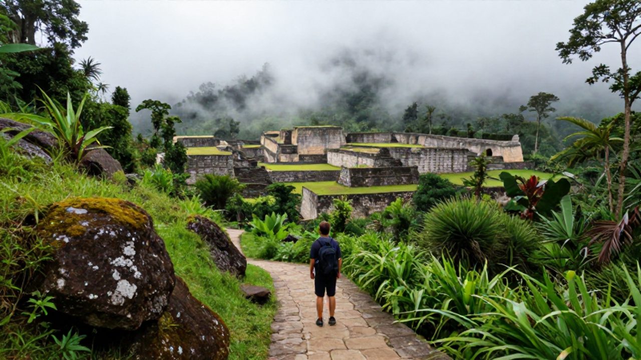Un viajero contempla las antiguas murallas circulares y estructuras de piedra de la fortaleza de Kuélap entre la densa vegetación y la neblina de la selva alta peruana.