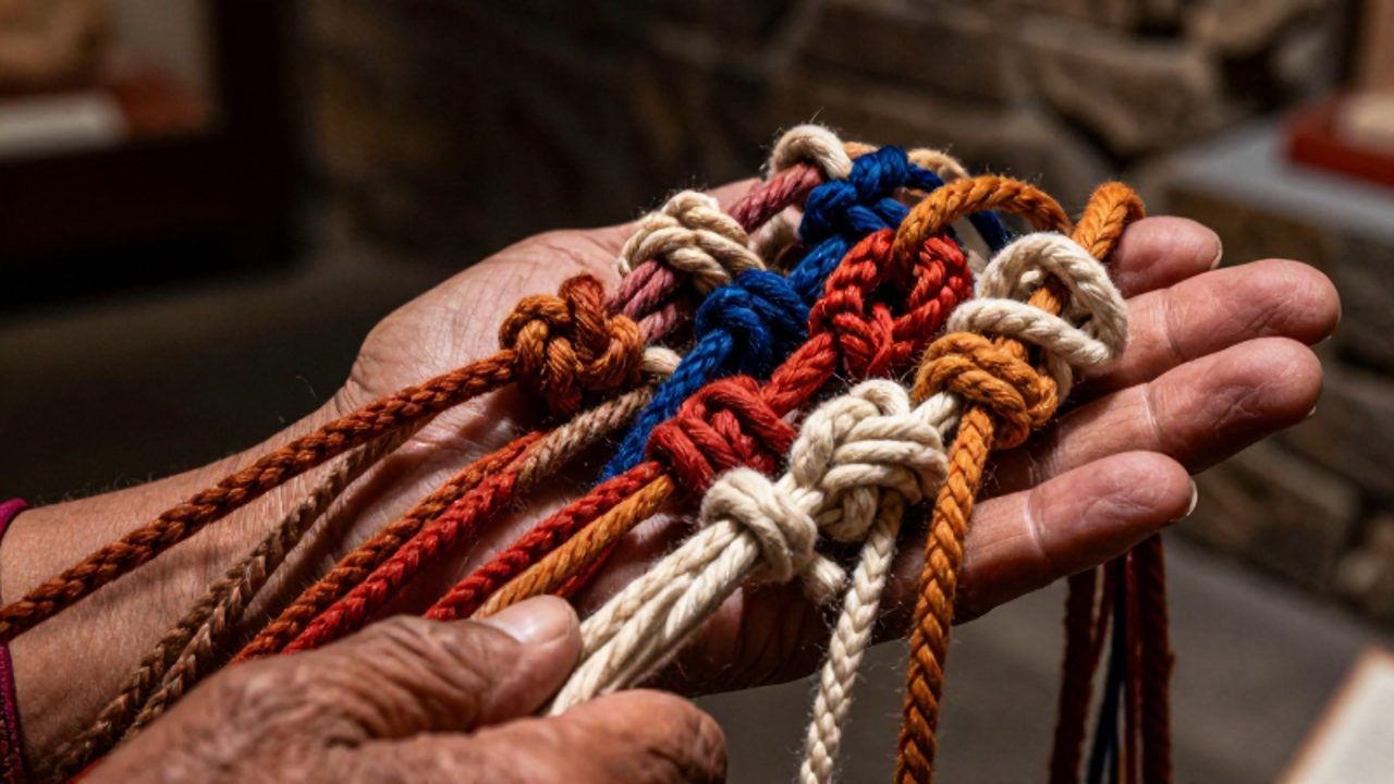 Manos de un archivista sostienen un quipu con cuerdas de lana de diversos colores y nudos complejos de distintas formas.