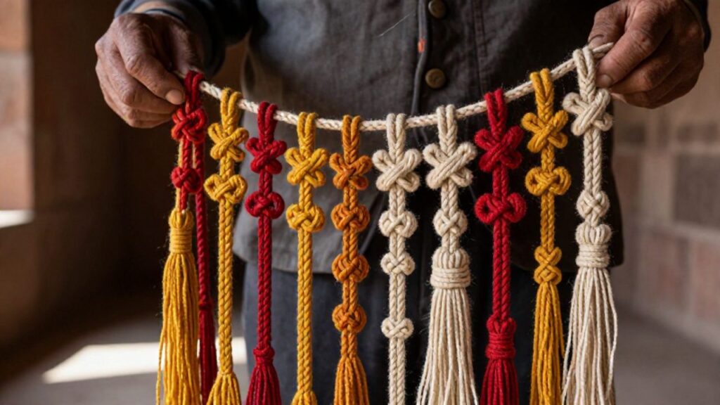 Manos de un especialista sostienen un quipu con cuerdas de colores y diversos nudos dispuestos para registrar datos.