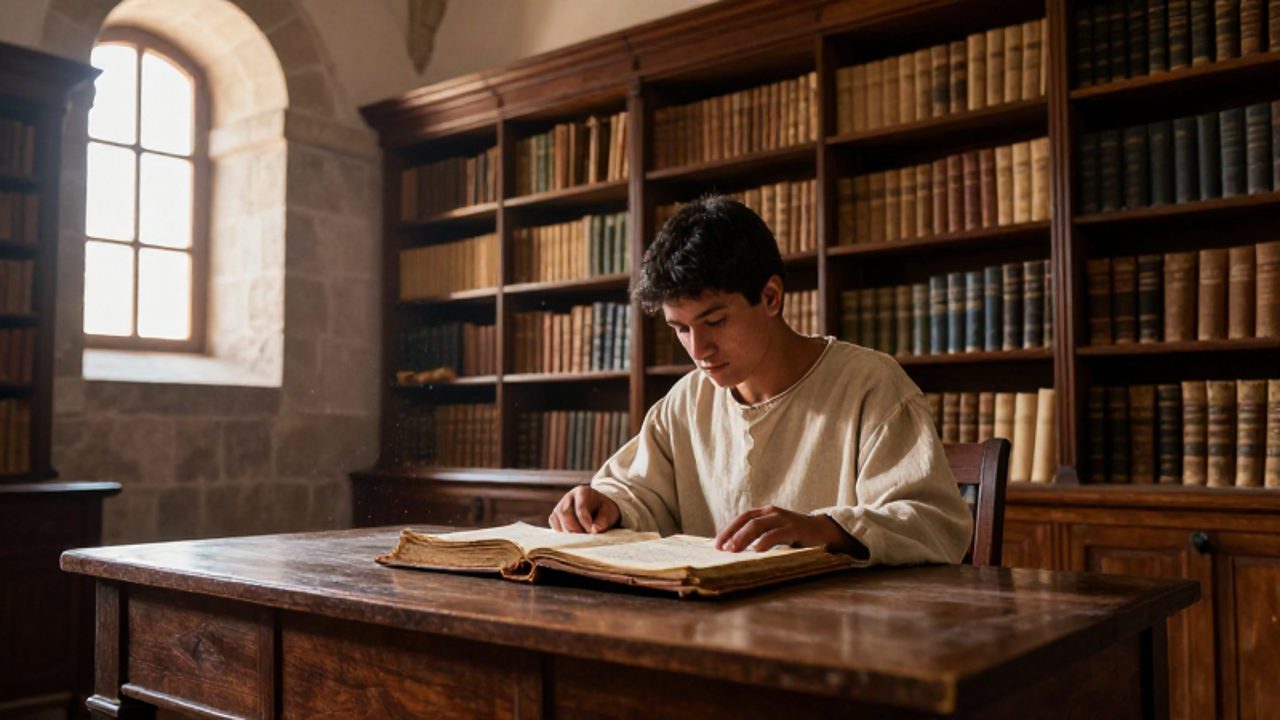 Un joven erudito estudia un manuscrito antiguo sobre un escritorio de madera dentro de una biblioteca colonial con estanterías repletas de libros.