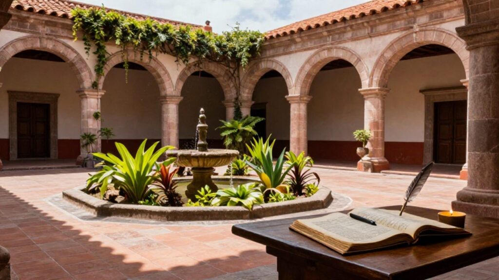 Patio colonial de un convento con una fuente central, arcos de piedra y un escritorio con un manuscrito antiguo bajo la luz del sol.