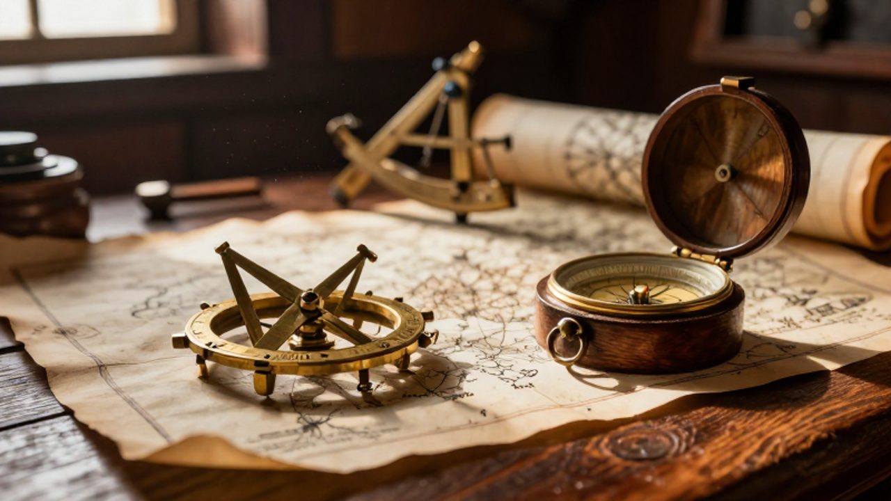 Astrolabio de latón y brújula antigua colocados sobre un mapa de pergamino en la cabina de un barco del siglo XVI.