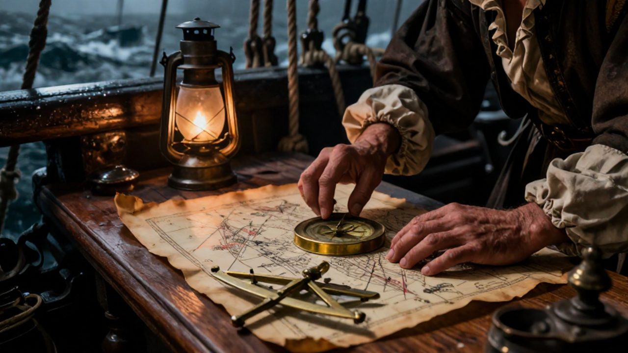 Manos de un navegante del siglo XVI intentando sujetar un astrolabio y un cuadrante de latón sobre una mesa de mapas durante una tormenta en el interior de un galeón.