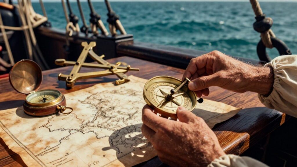 Manos de un navegante español ajustando un astrolabio de latón sobre una mesa de madera con mapas y una brújula en la cubierta de un galeón.