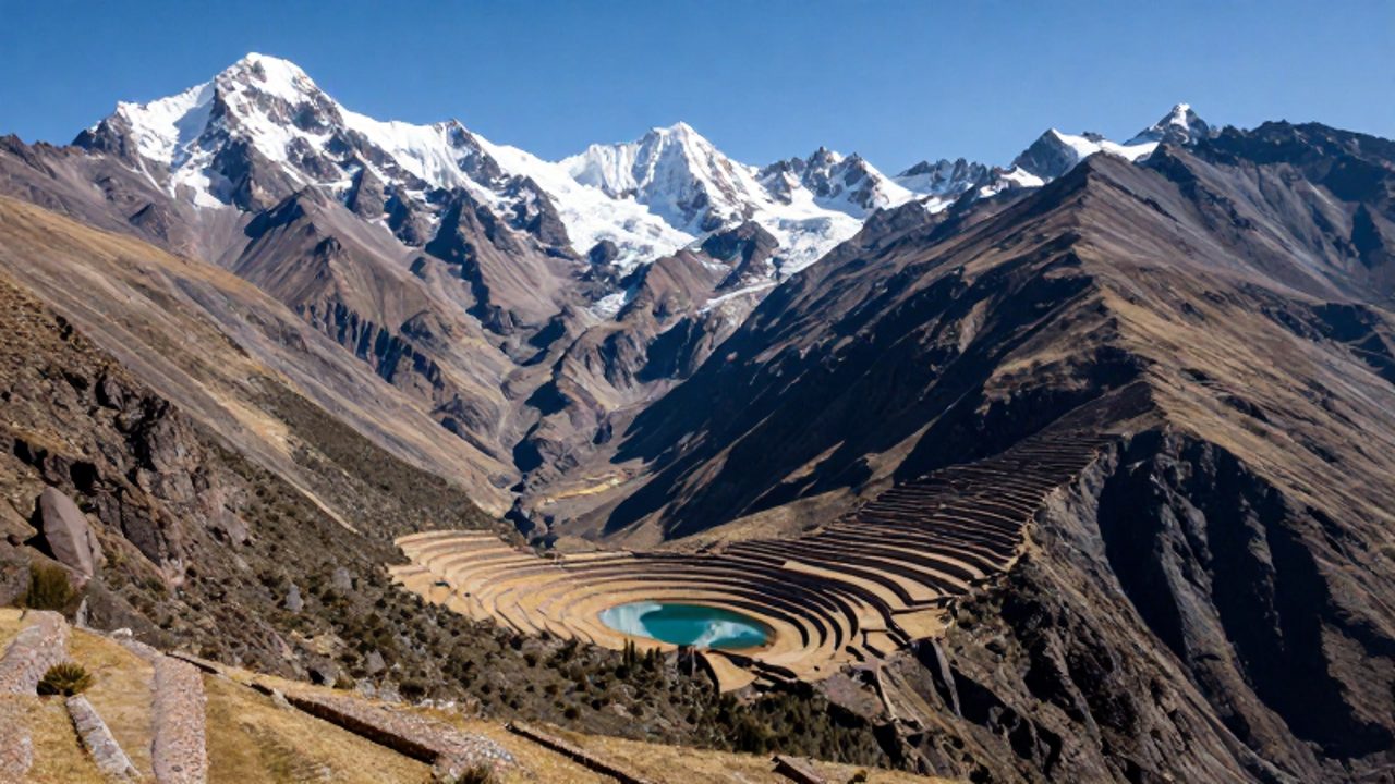 Cordillera de los Andes con picos nevados, terrazas de cultivo antiguas en las laderas y una laguna turquesa en el valle.