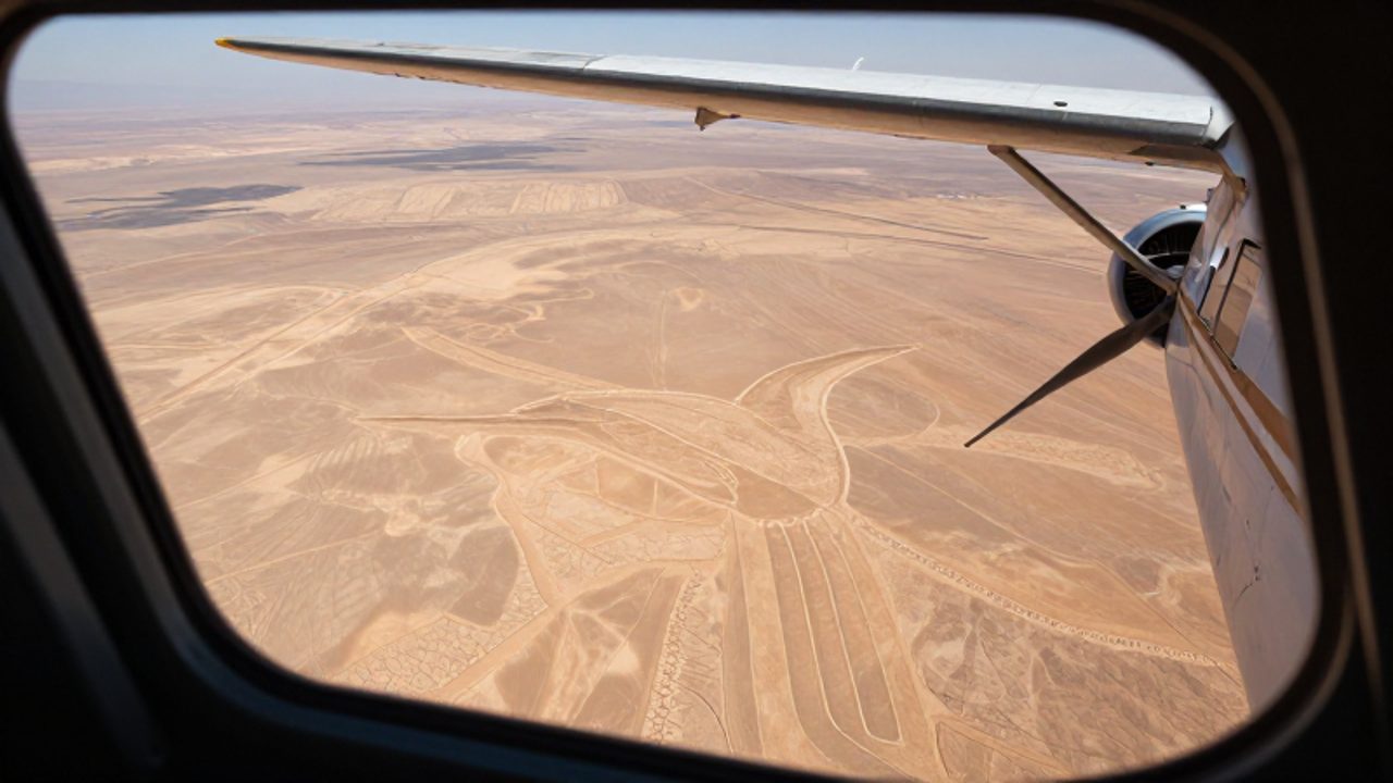 Vista desde la cabina de un avión antiguo sobre el desierto de Nazca, donde se aprecia el enorme geoglifo de un colibrí trazado en el suelo árido.