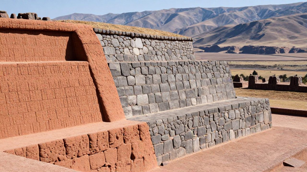 Comparación visual entre una plataforma ceremonial de adobe de tonos ocres y una estructura de piedra gris de la región andina bajo un cielo despejado.