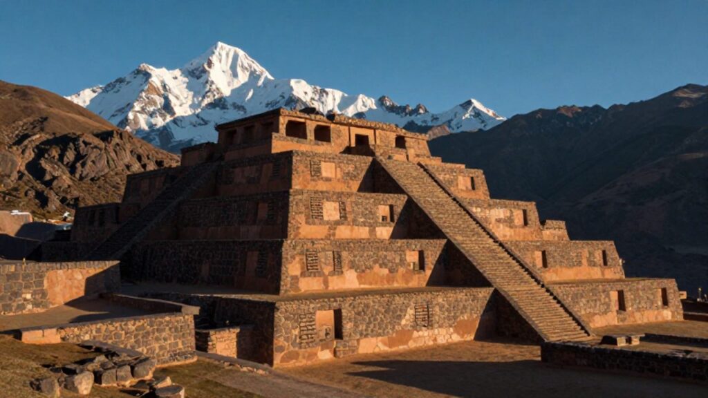 Pirámide escalonada de piedra y adobe integrada en un paisaje de montañas andinas con cumbres nevadas al fondo.