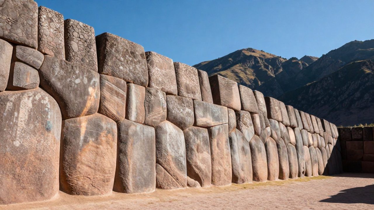 Muros de piedra en zigzag de la fortaleza de Sacsayhuamán bajo un cielo despejado frente a las montañas andinas.