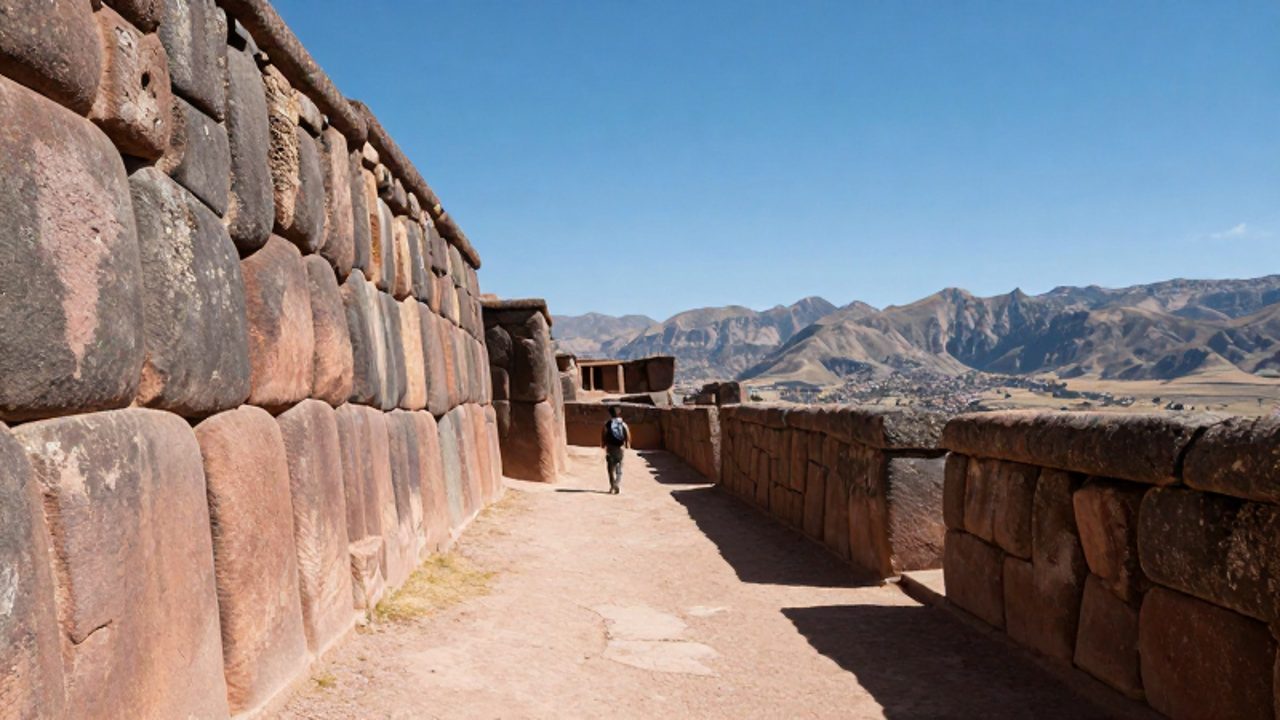 Un excursionista camina por un sendero junto a los colosales muros de piedra en zigzag de Sacsayhuamán con el valle de Cusco al fondo.