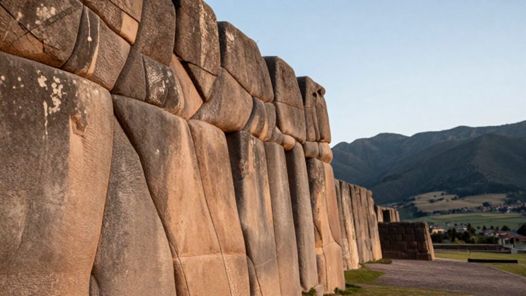 Muros de piedra caliza de Sacsayhuamán con su característico diseño en zigzag y una vista panorámica del valle de Cusco al fondo.