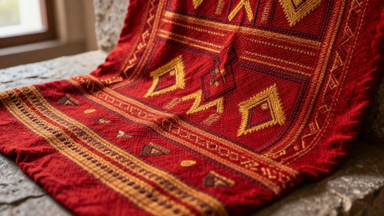 Textil inca de fibras de alpaca con complejos patrones geométricos en color rojo carmesí y tonos dorados sobre una superficie de piedra.