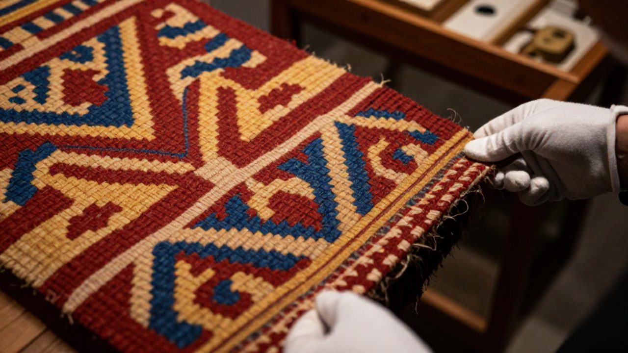 Un investigador con guantes blancos examina de cerca un fragmento de textil andino con patrones geométricos en tonos rojo, ocre y azul.
