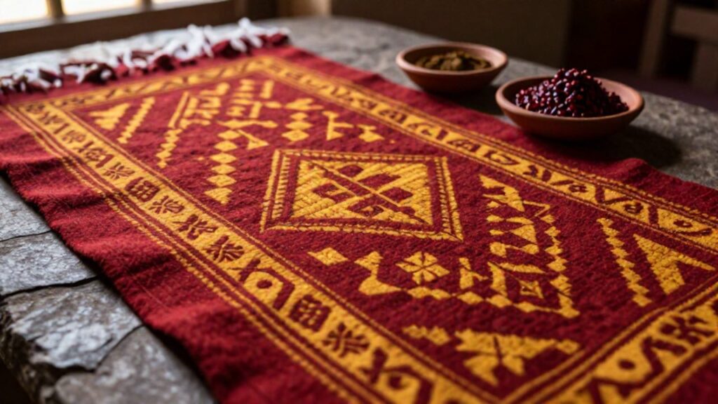 Textil andino con patrones geométricos en tonos rojos, amarillos y ocres junto a cuencos con pigmentos naturales y cochinilla sobre una superficie de piedra.