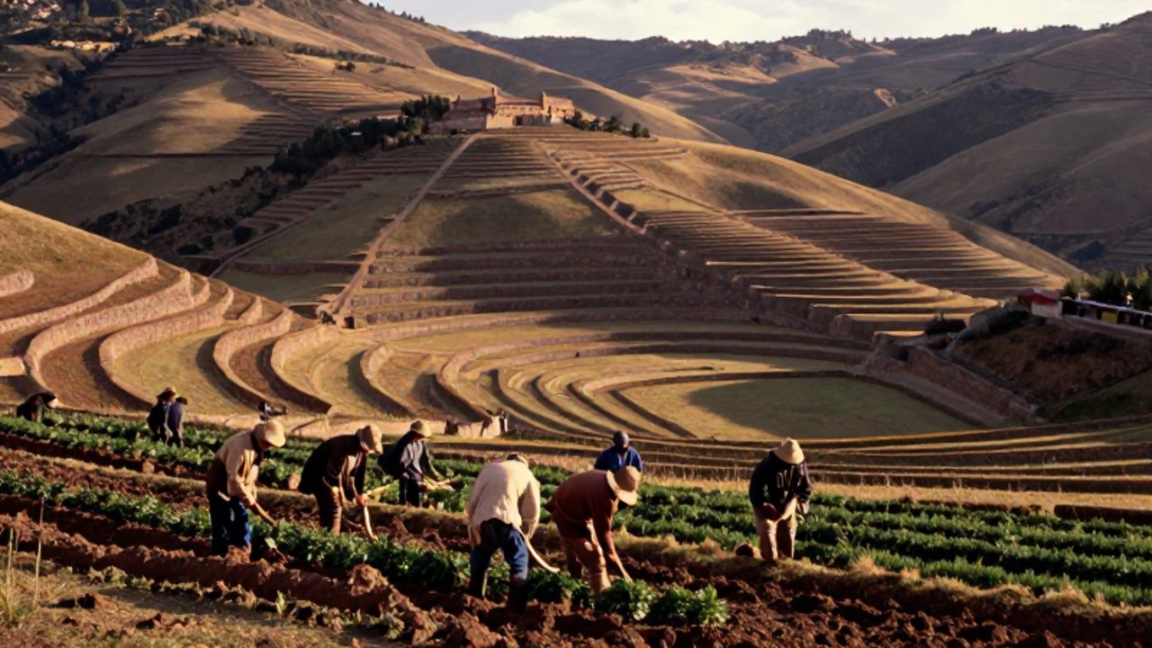 Campesinos andinos trabajan la tierra mediante cultivos en terrazas de piedra en los Andes peruanos, con una hacienda al fondo.