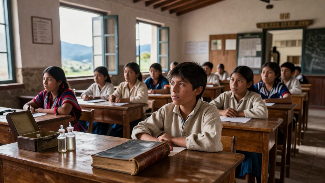 Estudiantes indígenas y urbanos de finales del siglo XIX sentados en un aula de piedra junto a un kit médico antiguo y libros escolares.