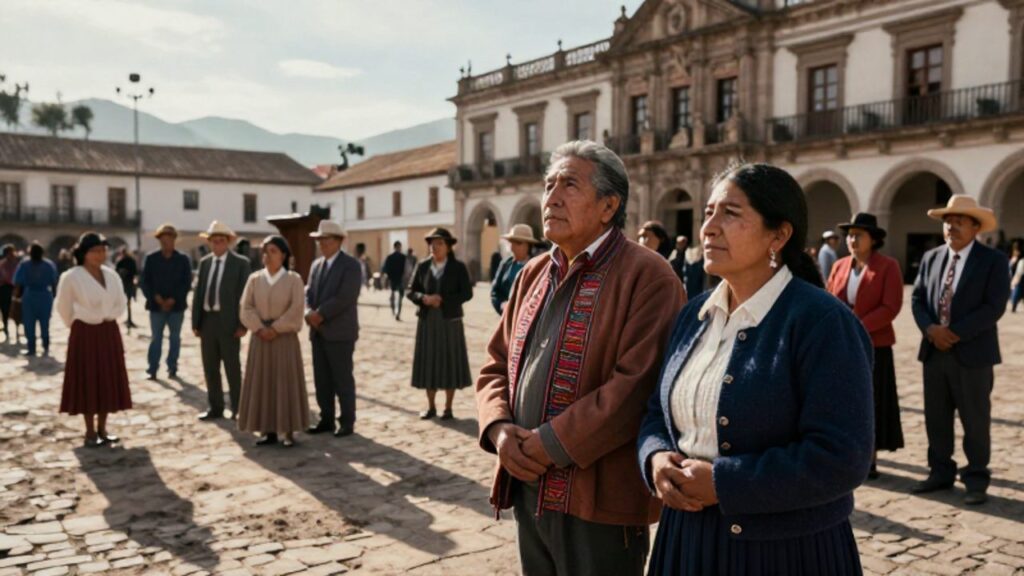 Un hombre indígena de textiles tradicionales y una mujer con vestimenta de la época republicana observan con atención hacia un estrado en una plaza de estilo neoclásico.