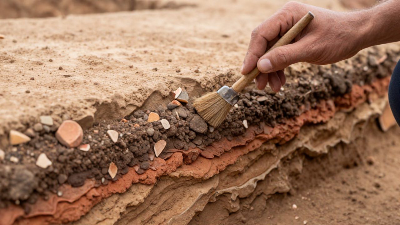 Manos de un arqueólogo limpiando con un pincel las capas estratigráficas de una excavación donde se aprecian fragmentos de cerámica antigua.