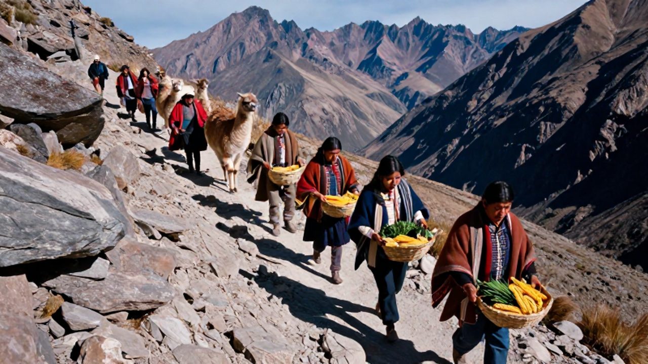 Guerreros y líderes indígenas descargan cestos de maíz y hojas de coca de llamas para abastecer un grupo de viajeros en un estrecho sendero de los Andes.