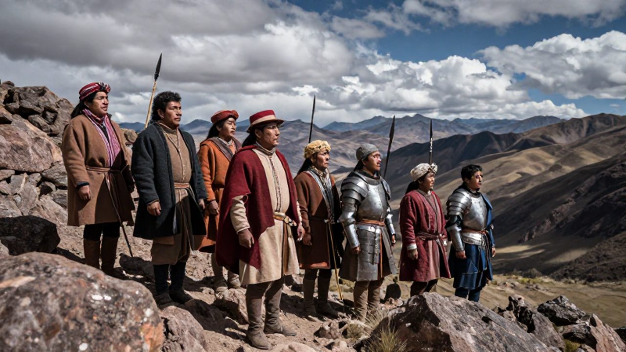 Guerreros indígenas con vestimentas tradicionales junto a conquistadores españoles sobre una cresta montañosa en los Andes, observando un valle con actitud estratégica.