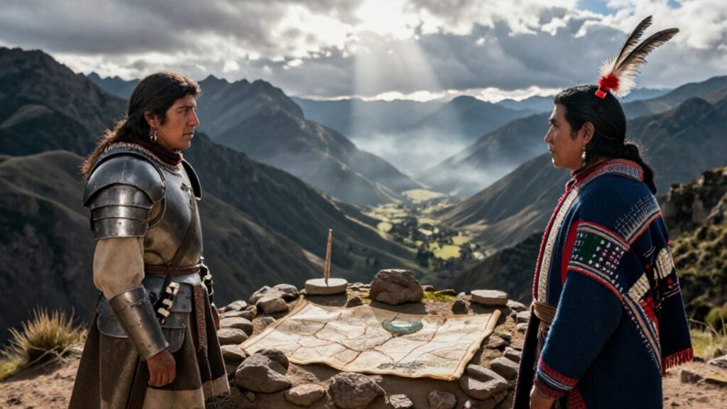 Un conquistador español y un caudillo indígena conversan sobre un mapa de relieve en una montaña andina frente a un valle neblinoso.