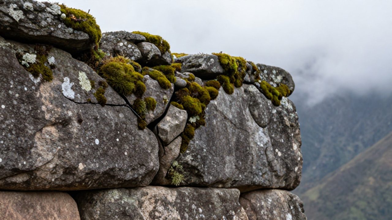 Primer plano de bloques de granito en una estructura andina con grietas profundas cubiertas de musgo y humedad, con las montañas peruanas de fondo bajo un cielo nublado.